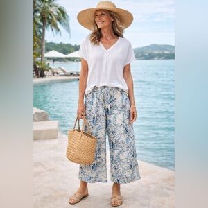 Tahari Linen Wide Leg Cropped Pant Women’s M Tropical Print PullOn ResortCoastal